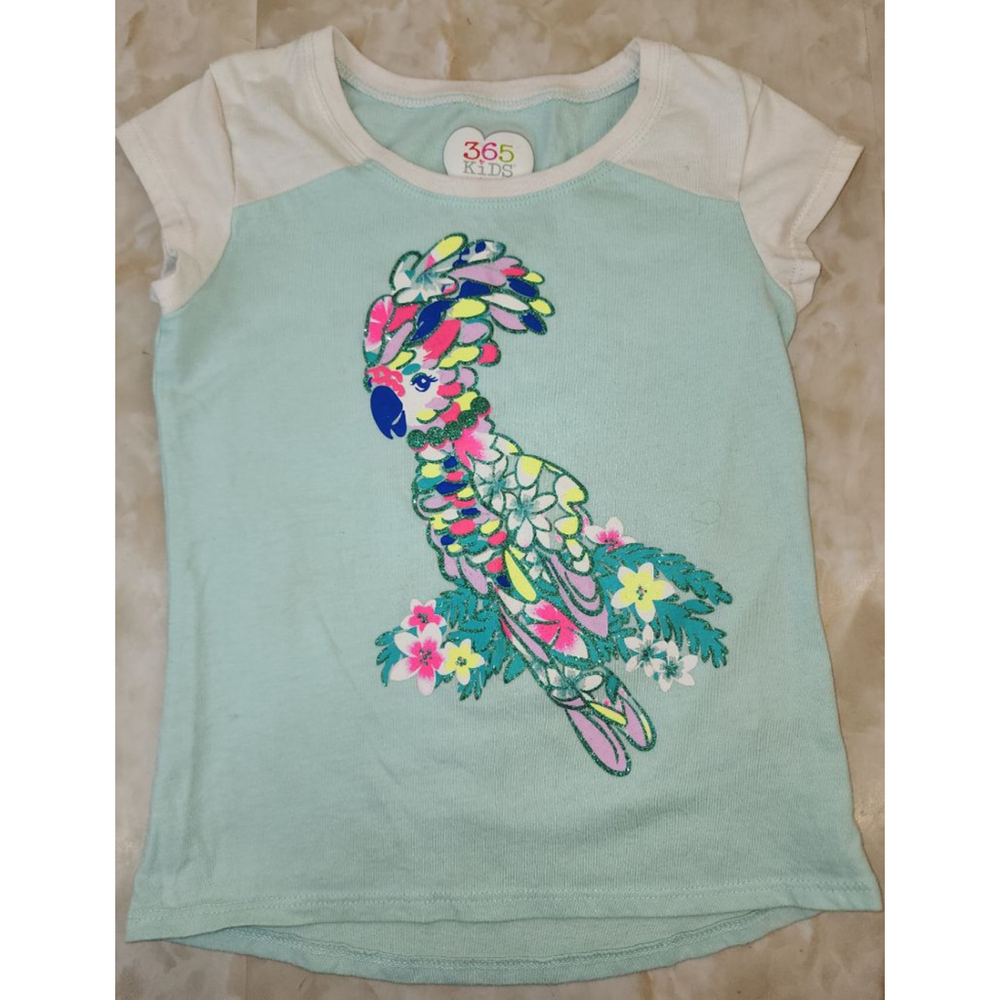 Girls 365 Kids Light Blue Off-White Parrot Short Sleeve Tee Size 5